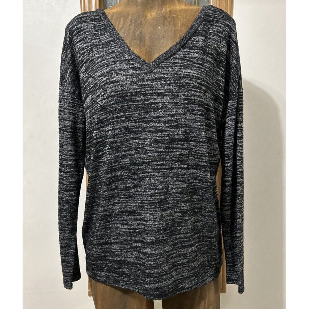 Tahari Sweater Button Back Slouch Oversized Women’s Small Grey V-Neck Marled